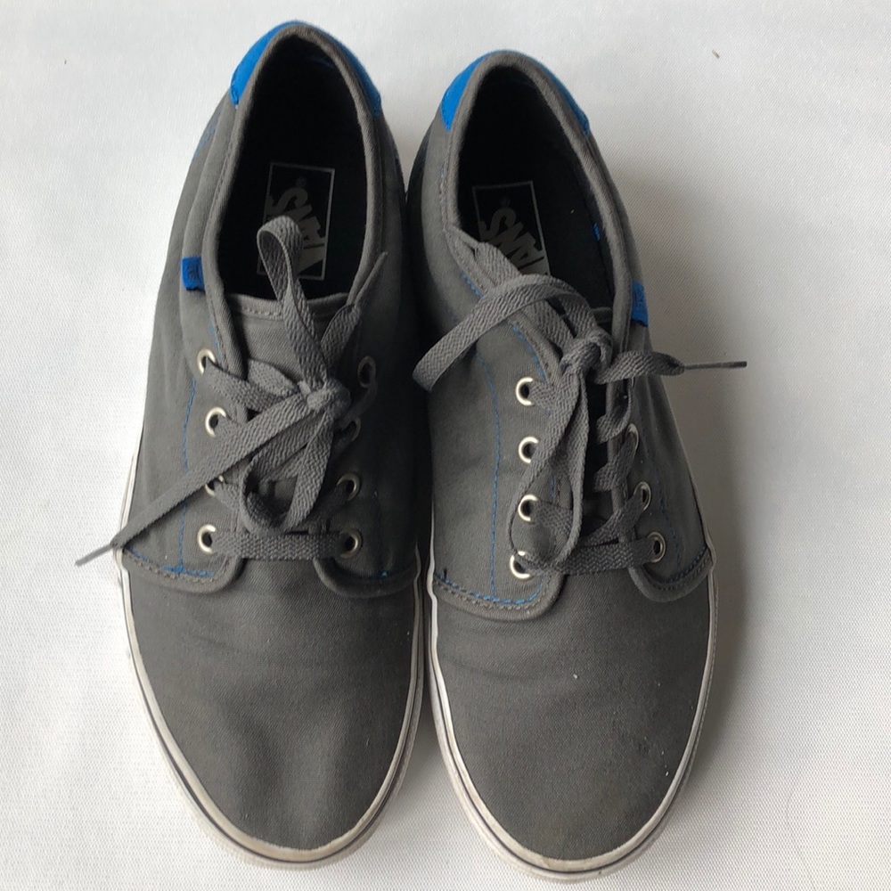 Grey and blue fabric vans